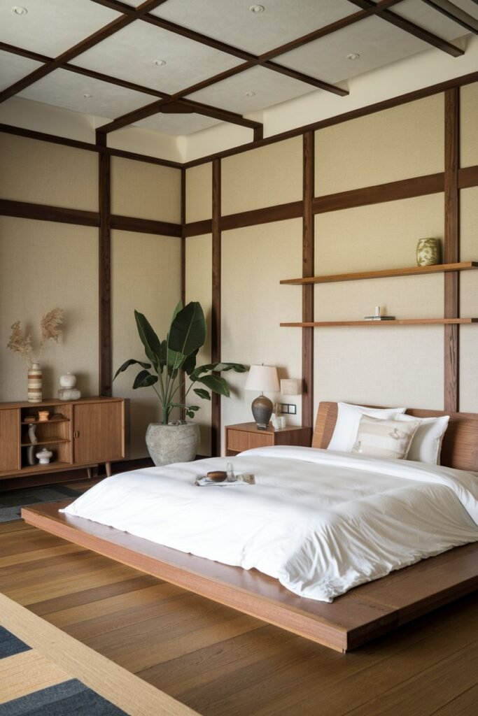 Structured Japandi bedroom design with a grid-like ceiling, wooden wall panels, a low wooden platform bed, and floating wooden shelves. This showcases architectural details in a modern bedroom.