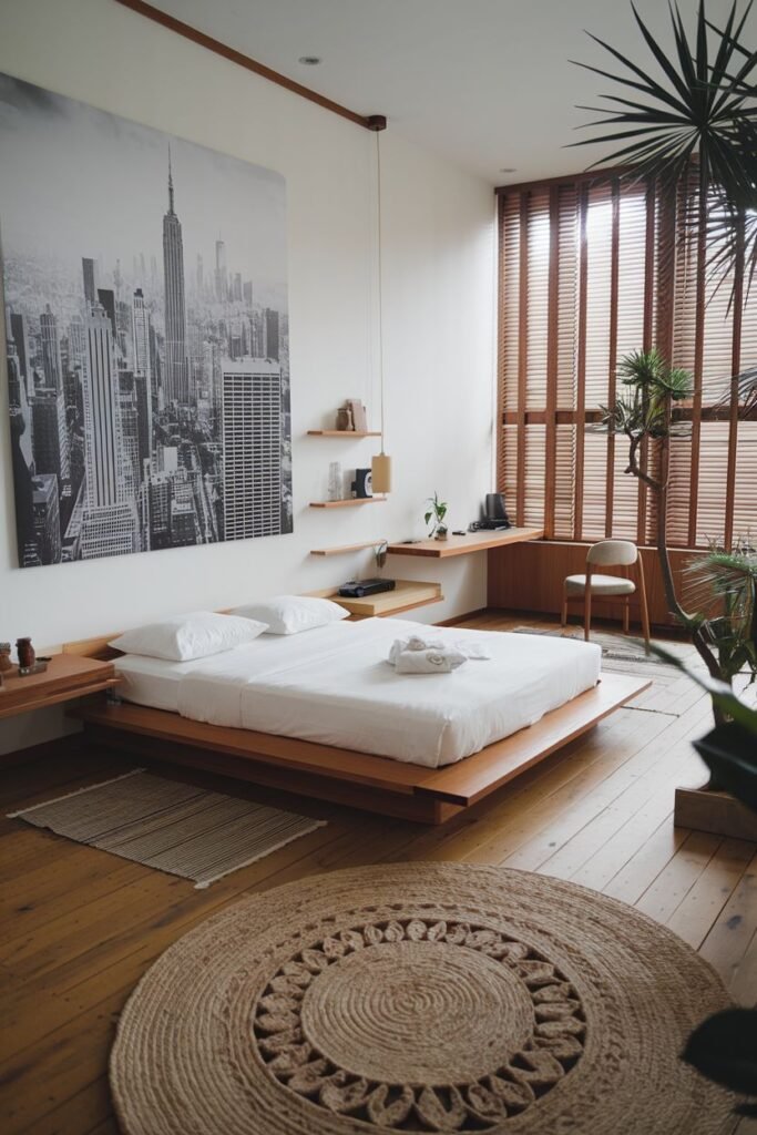Urban modern Japandi bedroom featuring a large black and white city skyline mural, a low wooden platform bed, wooden slatted blinds, and plants.