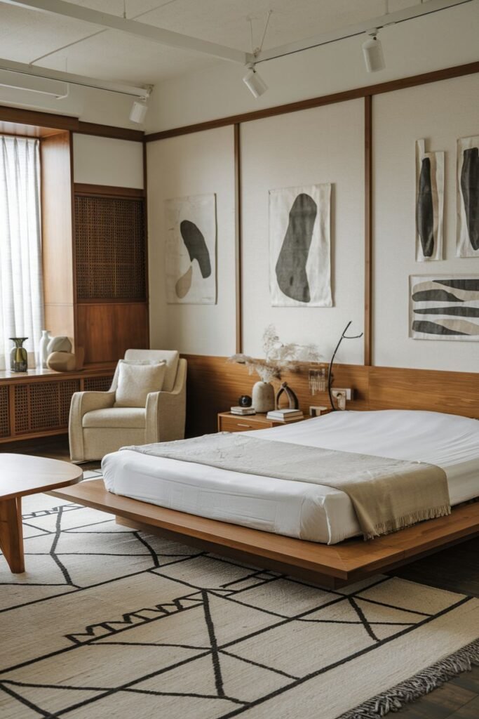 Art-focused modern Japandi bedroom with multiple abstract artworks on the walls, a low wooden platform bed, a large patterned rug, and simple wooden furniture.
