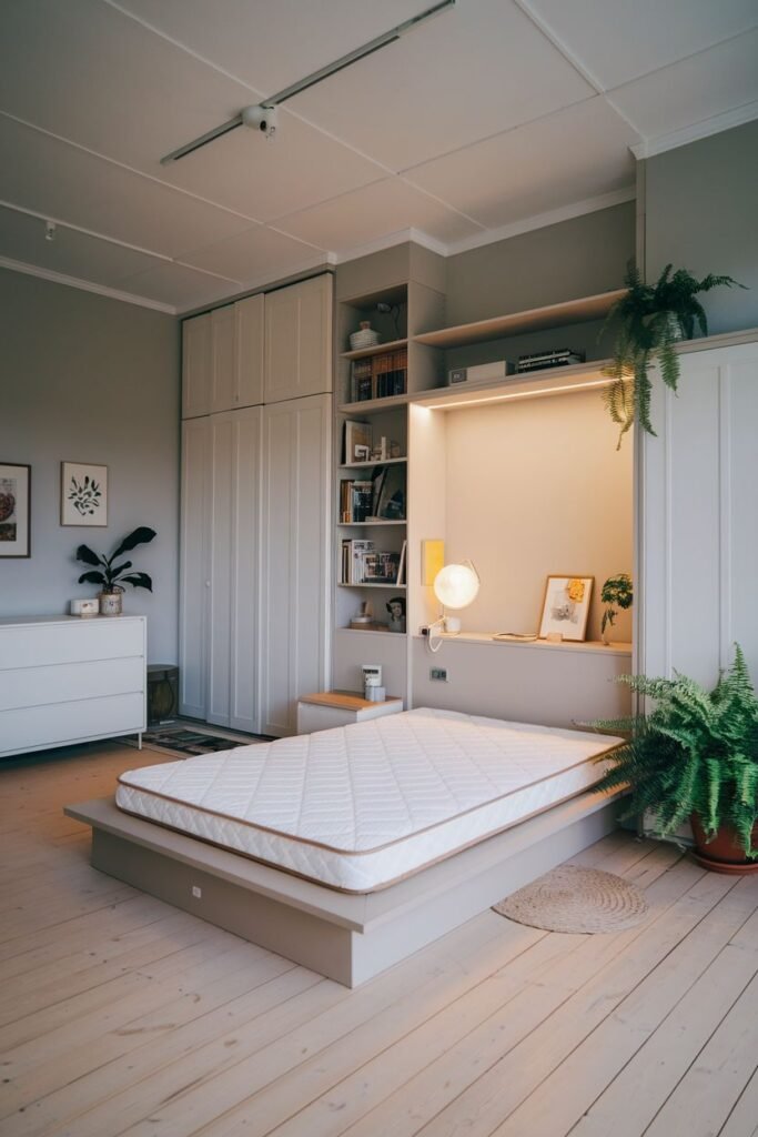 Modern Japandi bedroom design with a built-in bed platform, integrated shelving, and large built-in wardrobes in light tones.