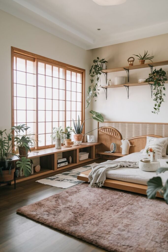 Plant-filled Japandi bedroom with various plants on open wooden shelving and windowsills, featuring a low wooden bed with a woven headboard. This modern bedroom brings the outdoors in.