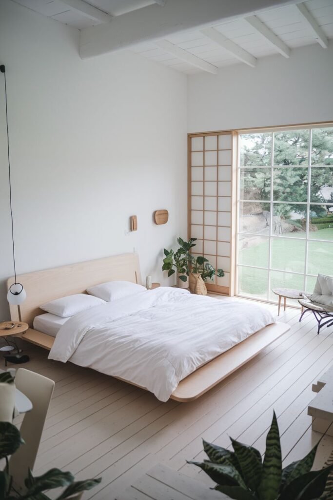 Clean and simple modern Japandi bedroom with white walls, light wood floors, a low platform bed, shoji screen doors, and a few plants.