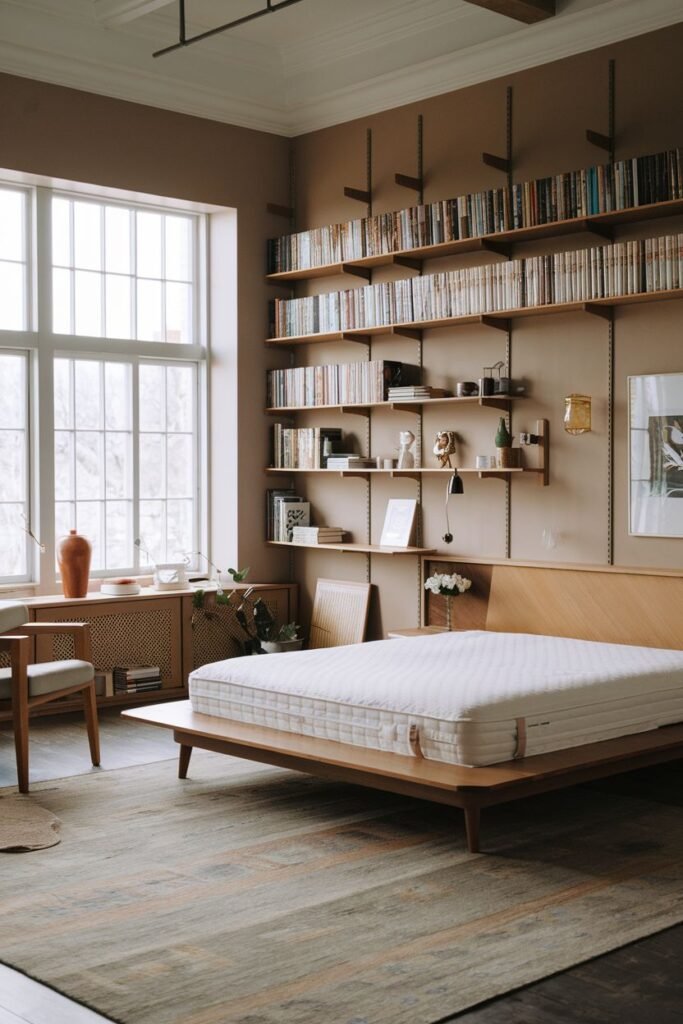 Japandi bedroom with a floor-to-ceiling bookshelf wall, a low wooden bed, and warm wall colors. This modern bedroom combines reading with a serene aesthetic.