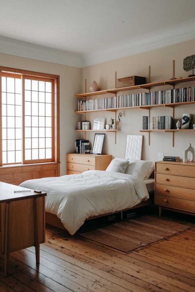 Japandi bedroom featuring horizontal wooden shelves above the bed and matching wooden dressers, along with a low wooden bed. This organized storage solution is key in this modern bedroom.