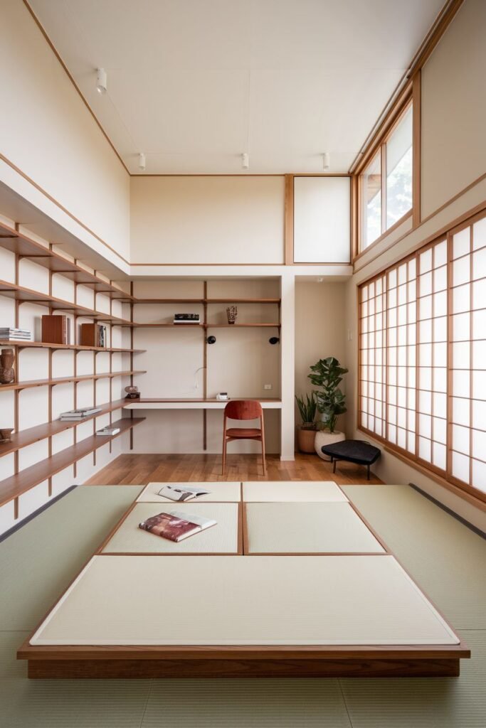 Multi-functional Japandi room with a raised tatami mat area for a mattress, a workspace, and extensive wooden shelving. This adaptable design creates a unique modern bedroom space.