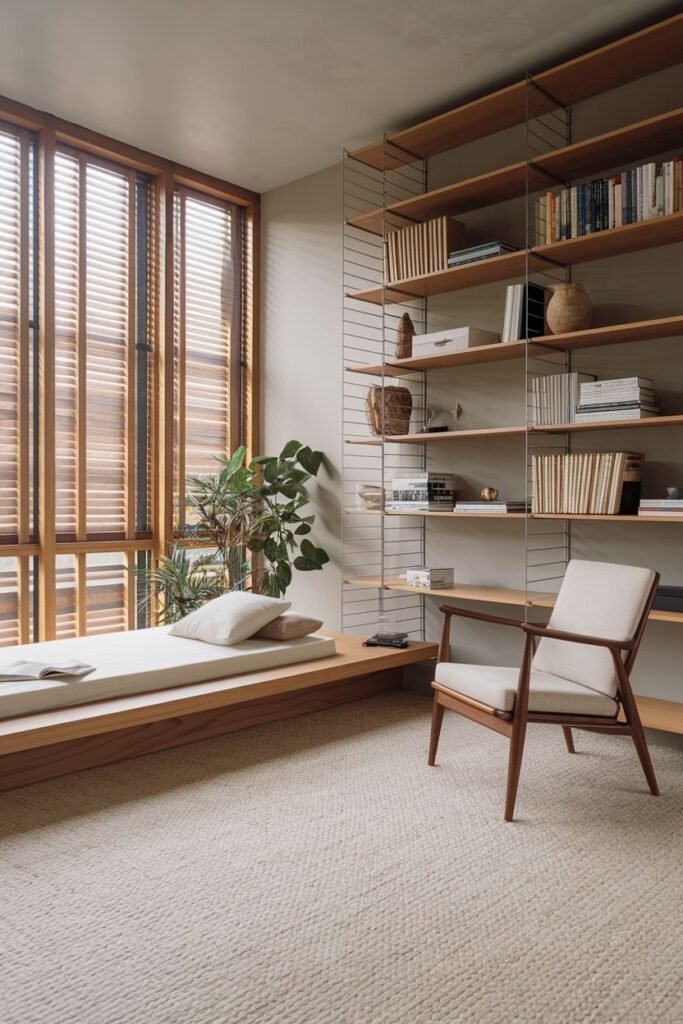 Cozy Japandi reading nook in a modern bedroom space, featuring a raised platform with a cushion near a window with wooden slatted blinds, and wall-mounted shelving.