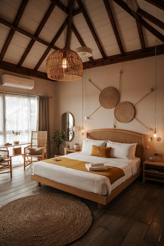 Modern Japandi bedroom with a low wooden bed, rattan headboard and pendant light, woven accents, and plants, set under a vaulted ceiling.