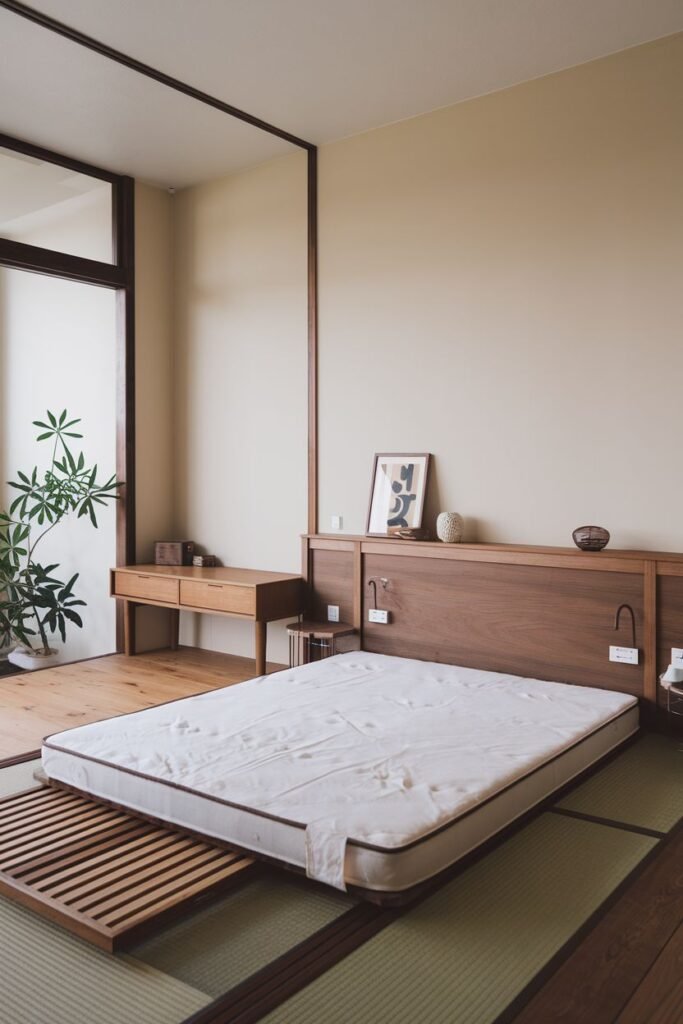 Japanese-inspired Japandi bedroom with a low mattress on tatami mats, warm wood tones, and sliding screens.