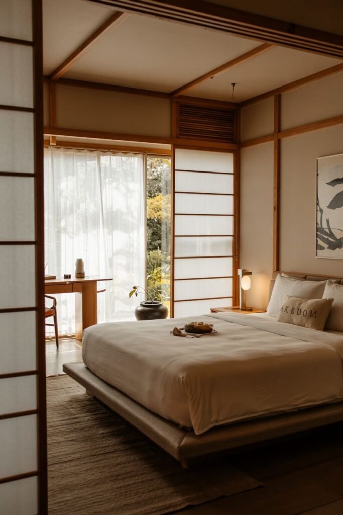 Peaceful modern Japandi bedroom featuring a low platform bed, shoji screen doors opening to an outdoor area, and natural materials.