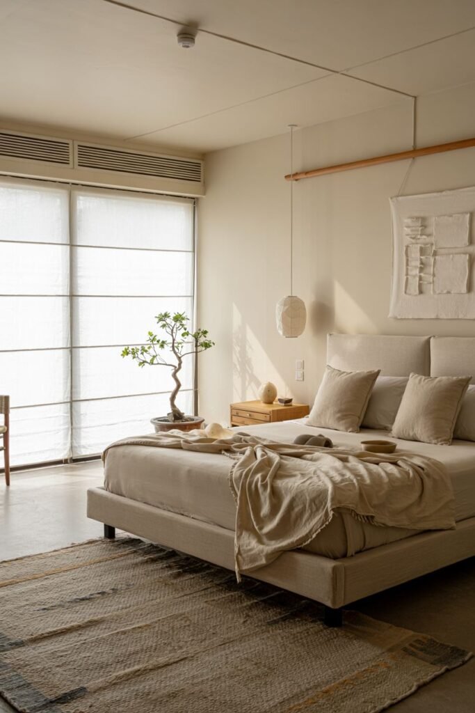 Contemporary Japandi bedroom with a fabric bed frame, white roman shades on windows, a large textured rug, and a bonsai tree. This is a modern bedroom with a focus on natural textures.