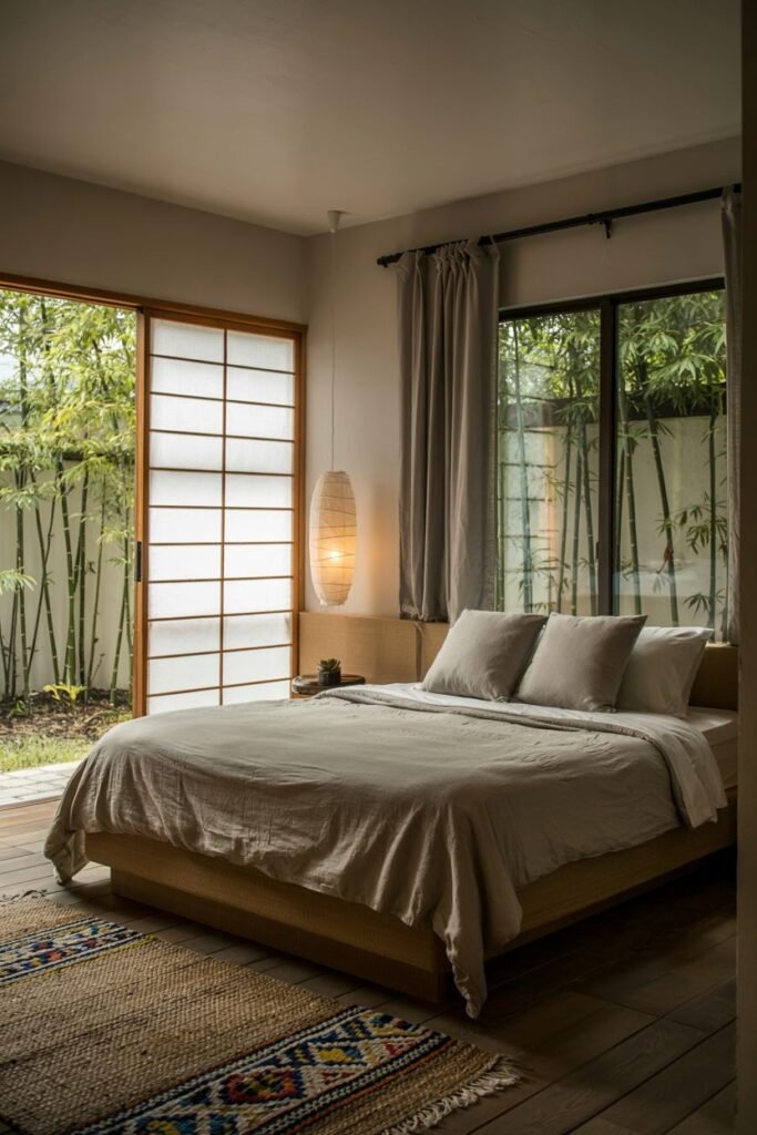 Serene Japandi bedroom overlooking a bamboo garden through sliding shoji screen doors, featuring a low wooden platform bed and a textured rug. This illustrates a connection to nature in a modern bedroom setting.