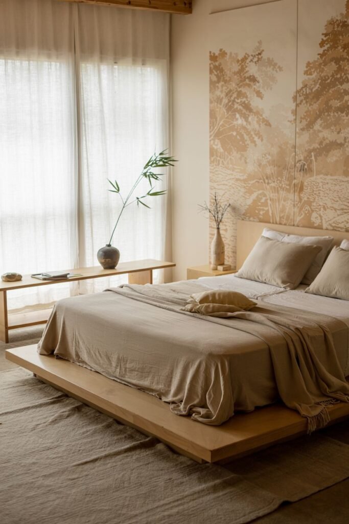 Spacious modern bedroom featuring a wide, low wooden platform bed, sheer curtains, a nature-inspired mural, and minimal wooden furniture. This design reflects Japandi principles of simplicity and nature.