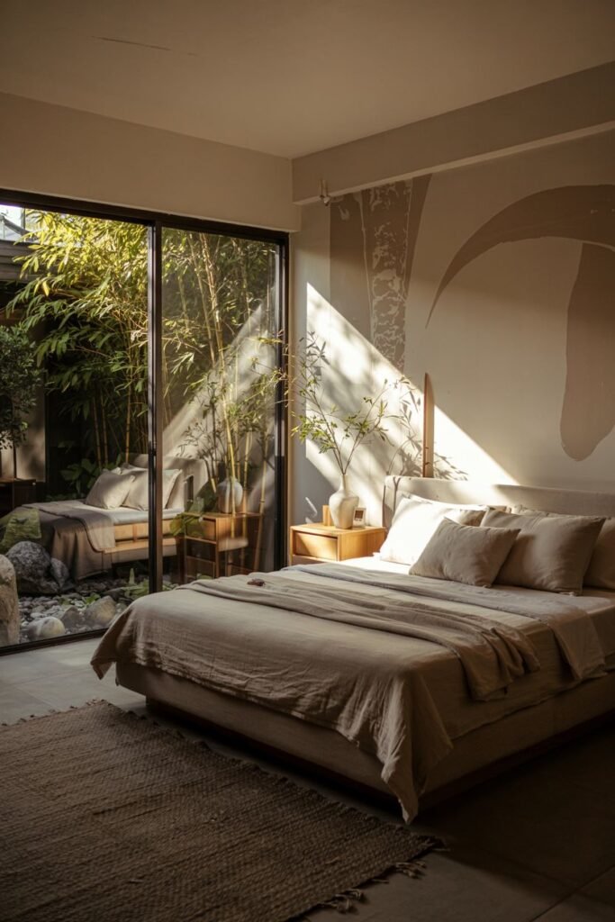 Sunny Japandi bedroom with a low platform bed facing large glass doors that open onto a courtyard with bamboo, utilizing natural sunlight. This modern bedroom design connects seamlessly with the outdoors.
