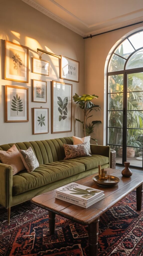 A modern vintage living room featuring a green tufted sofa against a wall adorned with a gallery of framed botanical prints in gold frames. A rustic wooden coffee table sits in front, decorated with books, trays, and vases. A large potted plant adds greenery near the sofa. An arched window provides ample natural light. This design embraces modern botanicals with vintage charm.