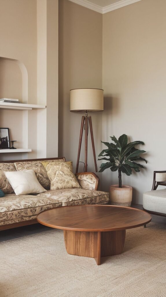 A modern vintage setting featuring a sofa with patterned upholstery and accent pillows. A large round wooden coffee table is in front. A textured rug with a neutral color covers the floor. A tall floor lamp with a large shade illuminates the area. A potted plant adds life. This room highlights soft textures in a modern vintage setting.