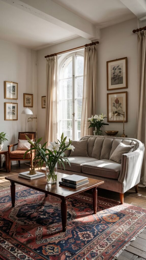 A light and airy vintage living room with a light grey sofa, throw pillows, and a blanket. A wooden coffee table with books and flowers is in front. A patterned rug with red and blue tones covers the wooden floor. Framed botanical prints hang on the wall. A small armchair and a table lamp are also present. This captures a light and airy vintage living room.