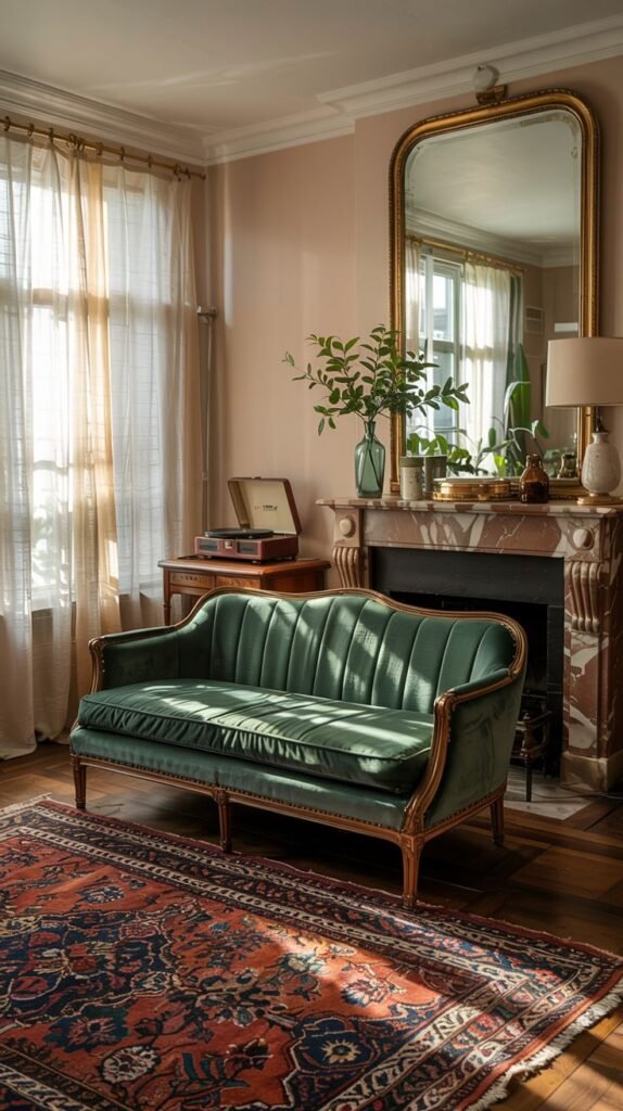 A vibrant vintage living room featuring a green velvet sofa with a curved back and wooden frame in front of a fireplace with a marble surround. A large, ornate gold mirror hangs above the fireplace. A patterned rug with red, blue, and orange colors is on the wooden floor. A side table with a lamp and decorative items is next to the sofa. Natural light streams through draped windows. This showcases a vibrant vintage sofa with a grand mirror.