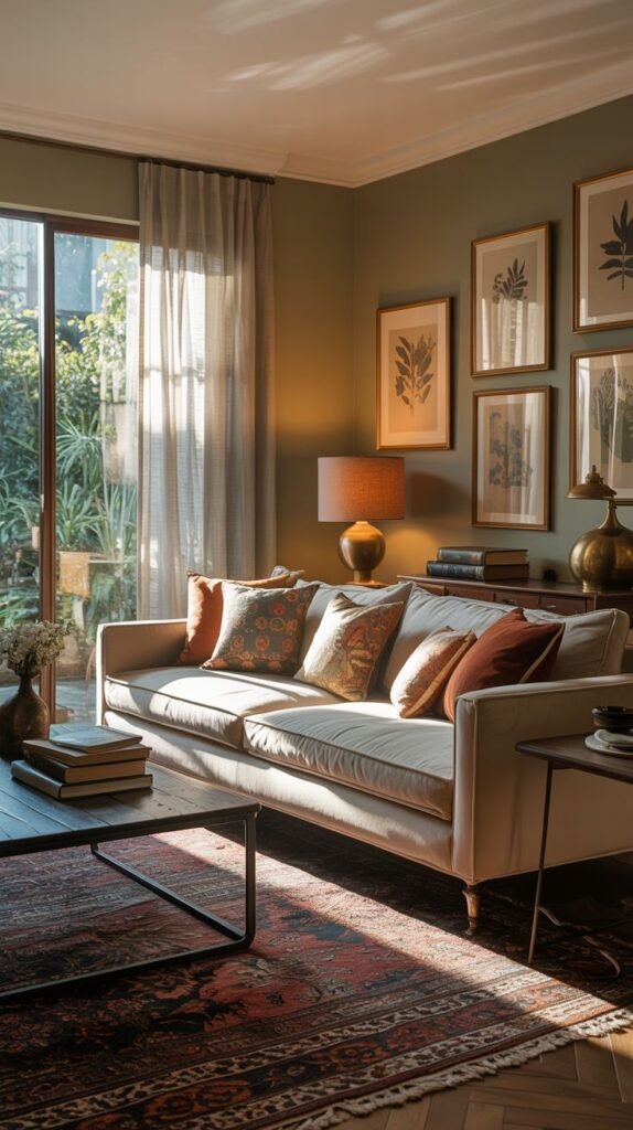 A modern vintage living room with a light-colored sofa and multiple patterned pillows against a muted green wall. A grid of framed botanical prints hangs on the wall. A dark rectangular coffee table with books and decor is in front. A large patterned rug with red and blue hues is on the floor. Table lamps illuminate the space. This is an example of modern vintage harmony with botanical art.