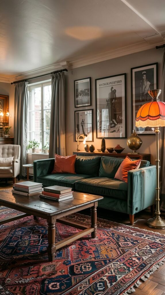 A vintage art display features a deep green velvet sofa with orange pillows. Framed posters and artwork adorn the wall. A rustic wooden coffee table with books is in front. A large, colorful patterned rug covers the wooden floor. A distinctive floor lamp with an orange fringed shade is included. This design features a deep green velvet sofa in a vintage art display.