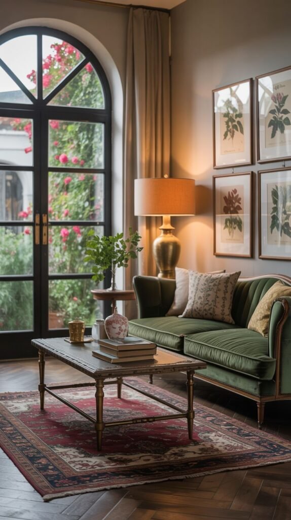 A romantic vintage living room with a green velvet sofa and throw pillows placed next to a large arched window overlooking a garden with pink flowers. A small, elegant coffee table is in front. A red patterned rug lies on the wooden floor. A table lamp illuminates the space. A vase with flowers and other decorative items are present. This shows a romantic vintage green sofa by an arched window.