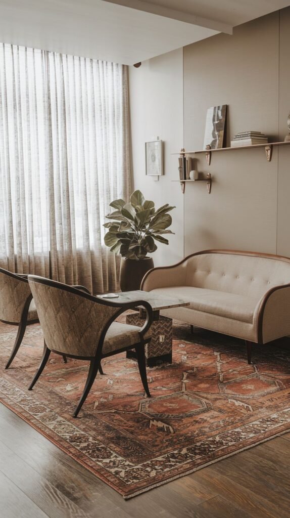 A Mid-Century Modern seating area features a light-colored sofa and two armchairs with curved wooden frames. A small square coffee table with a patterned surface is between the seating. An orange and cream patterned rug is on the wooden floor. A large potted plant and floating shelves with decor are on the wall. This arrangement includes Mid-Century Modern seating and a vintage rug.