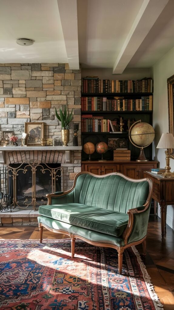 A vintage living room features a green velvet sofa with a curved back in front of a stone fireplace. A large patterned rug with red and blue colors is on the wooden floor. A large bookshelf filled with books is next to the fireplace. A globe and other decorative items are on the shelves. This room combines a vintage sofa by a stone fireplace and bookshelf.