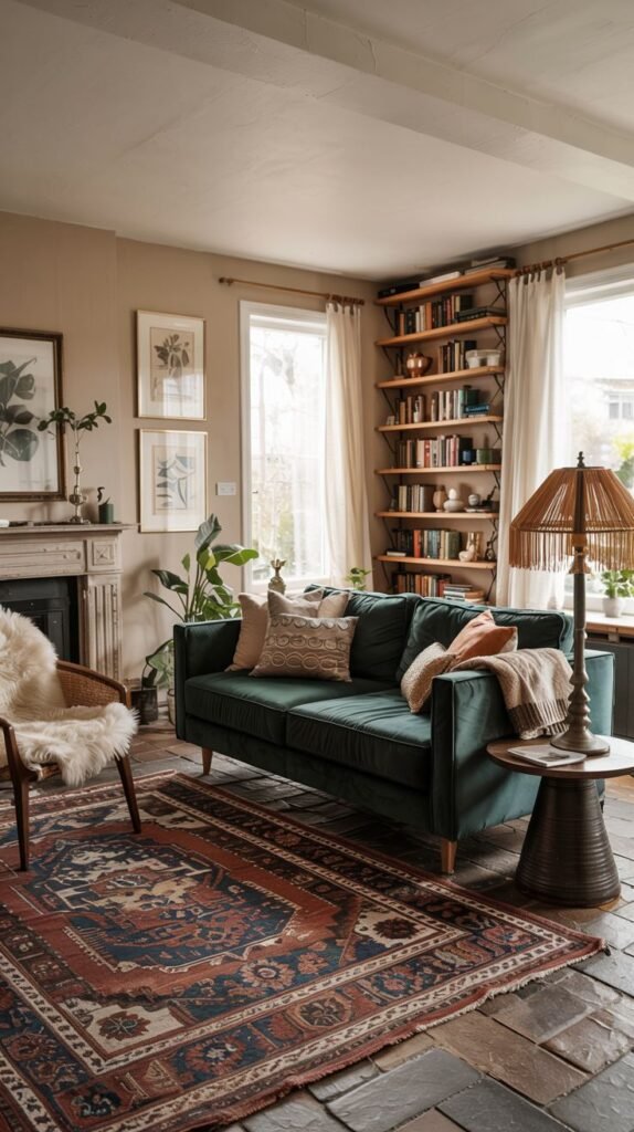 A cozy modern vintage living room with a deep green sofa, throw pillows, and a blanket. A fireplace and a wall-mounted bookshelf are present. A round wooden side table next to the sofa has a unique lamp. A patterned rug with red and blue tones covers the wooden floor. Potted plants and framed artwork are on the wall. A chair with a furry throw provides extra seating.