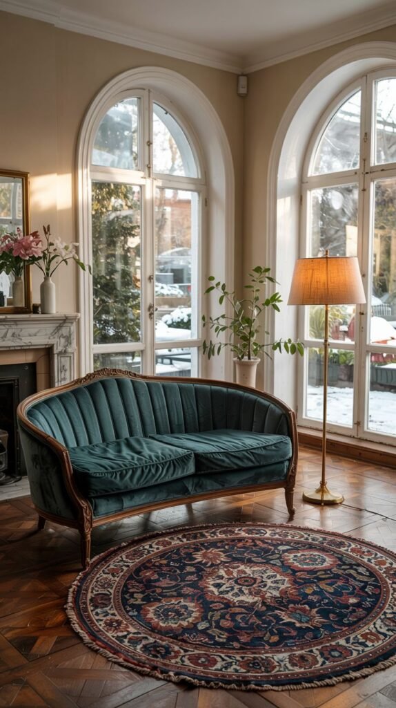 A vintage-inspired living room showcasing a curved teal velvet sofa with a wooden frame placed between two tall arched windows. A round, patterned rug with deep blues and reds covers the wooden floor. A tall floor lamp stands beside the sofa. Classic elements like a fireplace mantel with flowers and a mirror are included. Natural light from the large windows highlights the details. This represents classic elegance with arched windows.