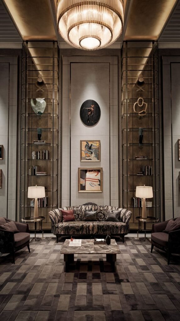 A luxurious vintage design highlights a patterned sofa with accent pillows in a formal living area. A rectangular marble coffee table is in the center. A patterned rug with geometric shapes covers the floor. Side tables and lamps flank the sofa. Tall shelving units along the walls are filled with books and decorative objects. A large, multi-tiered crystal chandelier hangs from the ceiling. This is a luxurious vintage design with a statement chandelier.