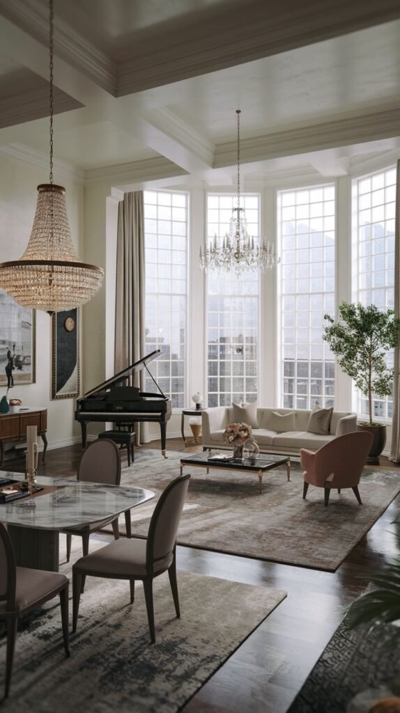 A grand scale modern vintage living area includes a light-colored sofa, armchairs, and a coffee table in a spacious room with tall, arched windows. A large crystal chandelier hangs from the ceiling. A grand piano is in one area. A large abstract rug covers the wooden floor. Potted plants and decorative items are on tables and surfaces. This presents a grand scale modern vintage living area.