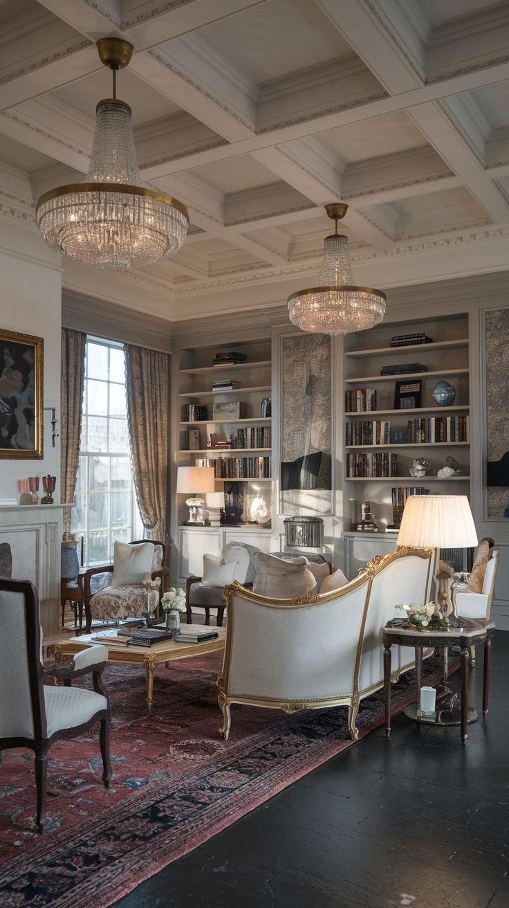 A refined vintage style room with multiple seating areas, including a cream-colored sofa featuring a gilded frame and armchairs. Furniture is arranged around a coffee table with books and decor. A patterned rug with red and blue hues is on the dark floor. Extensive bookshelves line the walls. Crystal chandeliers hang from the ceiling. Table lamps provide ambient lighting. This shows a refined vintage style with multiple seating areas.