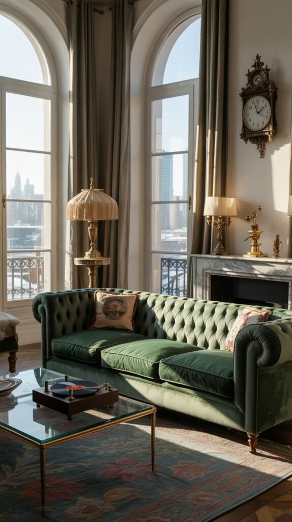 A bright modern vintage room features a green tufted Chesterfield sofa in a room filled with natural light from large arched windows. A glass-topped coffee table with metal legs is in front. A colorful, patterned rug with floral motifs covers the wooden floor. A vintage-style clock is on the wall. Lamps and decorative objects are included. This describes a bright modern vintage room with a Chesterfield sofa.