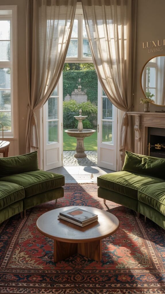 A modern vintage living room with two curved green velvet sofas facing each other around a round wooden coffee table on a patterned rug. Large glass doors open to a garden with a fountain, framed by sheer curtains. A mirror hangs above a fireplace, and a sign on the wall reads "LUXURY LIVING". This design creates a grand entrance to a vintage garden oasis.