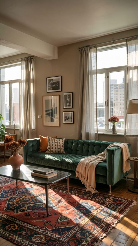 An urban vintage living room features a tufted green sofa with multiple throw pillows. A dark, rectangular glass-topped coffee table is positioned in front. A patterned rug with red, blue, and yellow tones covers the wooden floor. Framed artwork hangs above the sofa. A floor lamp and table lamp provide lighting. Surfaces are decorated with books, vases, and flowers. This space offers urban vintage comfort with tufted seating.