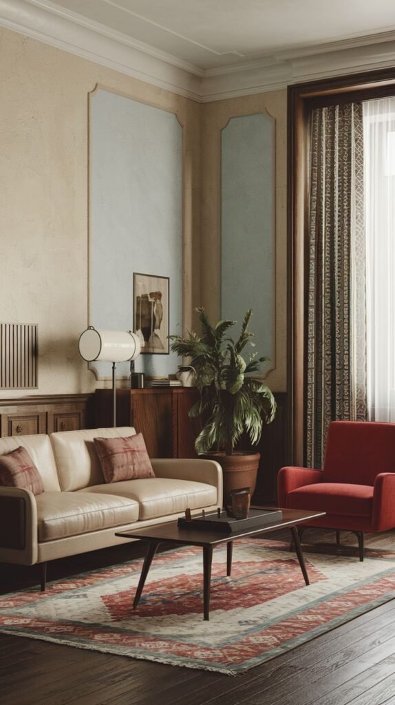 A modern vintage space with a cream-colored tufted leather sofa and a bold red accent armchair. A rectangular wooden coffee table with a glass top sits between them. A patterned rug with red and cream tones lies on the dark wooden floor. Large rectangular panels or mirrors decorate the walls. A potted plant and a floor lamp complete the setting. This design utilizes neutral palettes meeting vintage accent chairs.