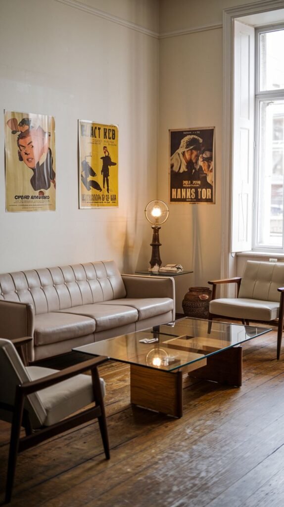 A Mid-Century Modern lounge with a long, low-profile, light-colored tufted sofa and matching armchairs with wooden frames. A glass-topped coffee table with a wooden base is in the center. The wall is decorated with vintage-style movie posters. A unique table lamp with an exposed bulb is present. Large windows provide natural light. This room blends Mid-Century Modern lounge style with vintage posters.