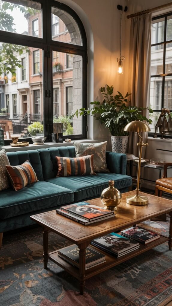 A cozy urban vintage living room with a deep teal velvet sofa featuring ribbed detailing placed against a wall with a large arched window. Various throw pillows with geometric and striped patterns adorn the sofa. A wooden coffee table with a lower shelf holds books, decorative objects, and plants. A colorful, patterned rug covers the floor. This shows cozy urban vintage with arched windows.