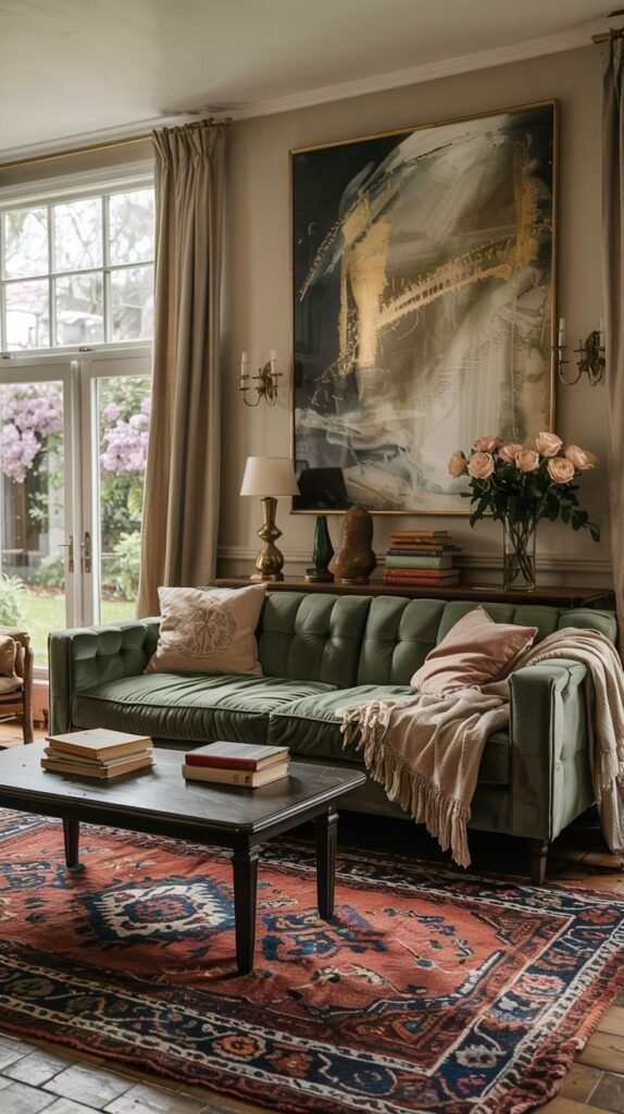 An elegant vintage living room with a green tufted sofa and throw blanket. A large abstract painting with gold accents hangs above the sofa. A dark rectangular coffee table with books is in front. A large patterned rug with red and blue hues lies on the floor. A console table behind the sofa is decorated with lamps, books, and fresh flowers. Elegant drapes frame the windows. This is an elegant vintage living room with a bold modern painting.