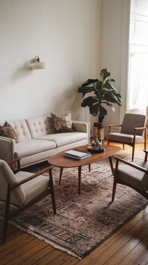 A simple modern vintage seating arrangement features a light-colored sofa with textured pillows and two simple armchairs with wooden frames around a wooden oval coffee table. A patterned rug with muted colors is placed under the table. A large potted plant is in the corner. A minimalist wall lamp provides additional lighting. The walls are light and uncluttered.