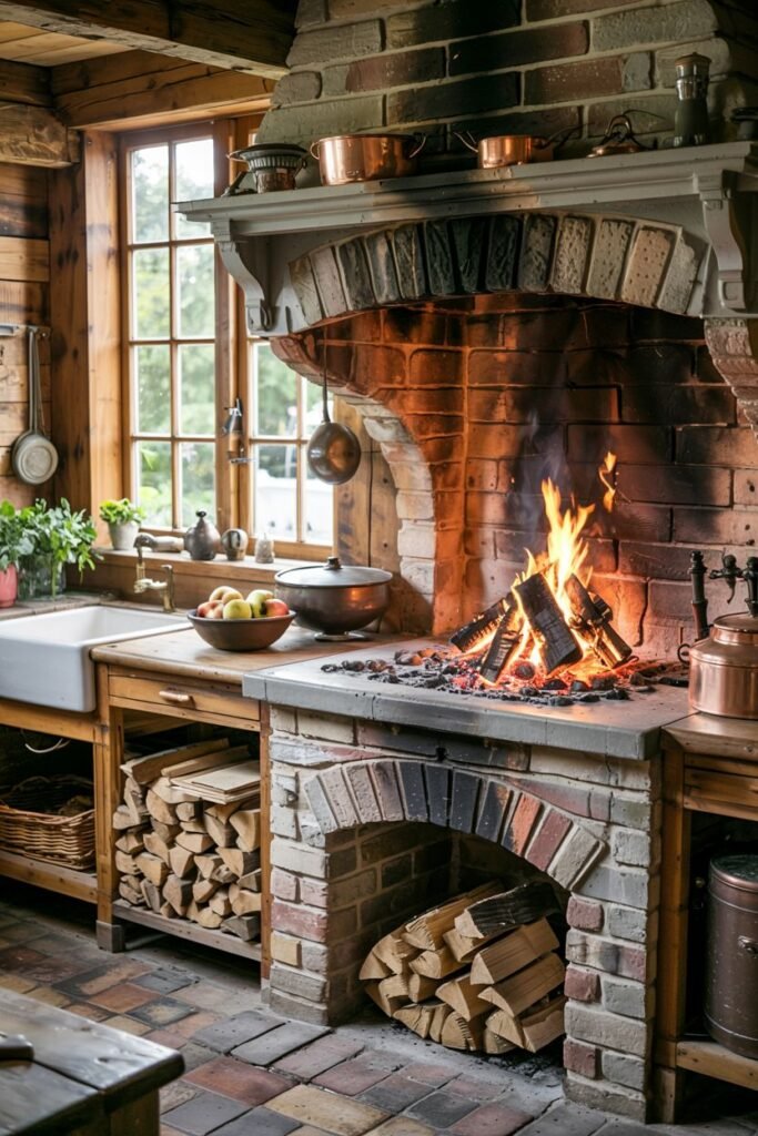 An old farmhouse kitchen designed around a working fireplace stove built into a large brick structure, with stacked firewood storage, a sink with a wooden countertop, and displayed copper pots.