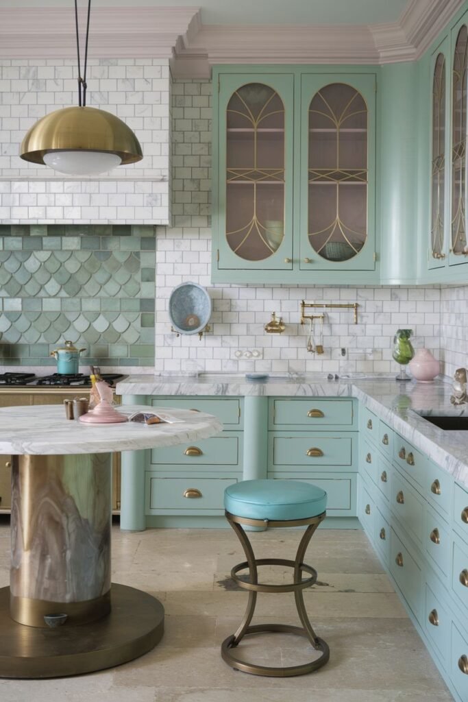 Refreshing pastel kitchen with light green cabinets and island, complemented by white subway tile and patterned green tiles as a backsplash. Marble countertops adorn the surfaces.