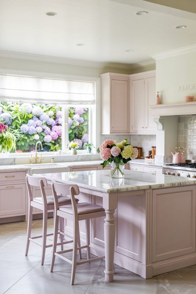 Sunny pastel kitchen with light pink cabinets and a pink kitchen island with a white marble top. The space features a large window overlooking a garden with hydrangeas.