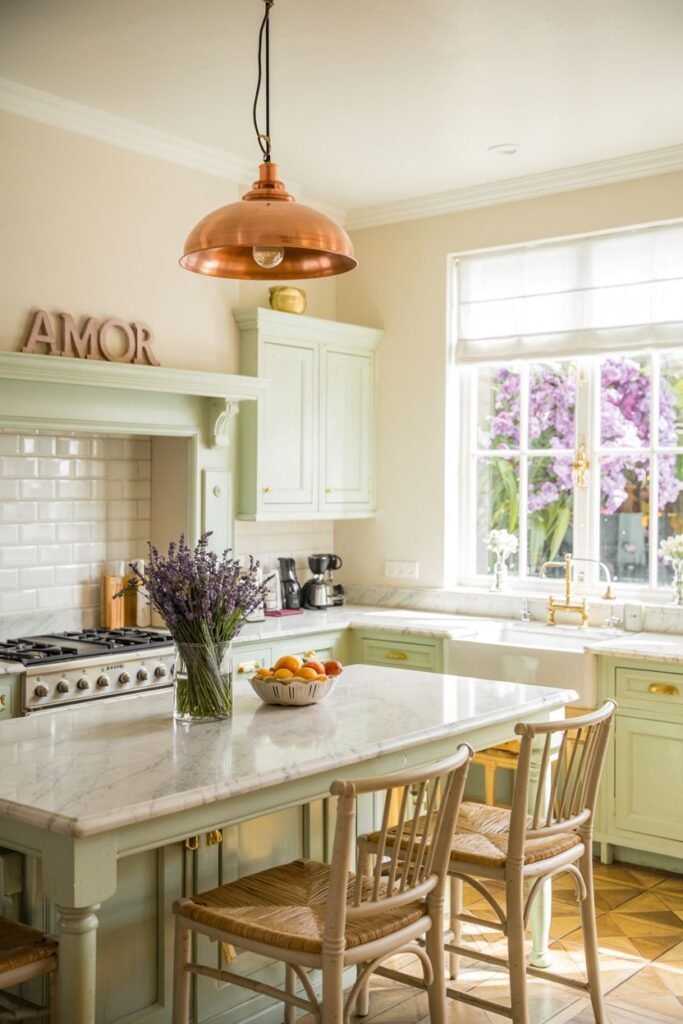 Inviting pastel kitchen with light green cabinets and a white subway tile backsplash. A light green kitchen island with a marble top is central, with two rattan stools pulled up to it.