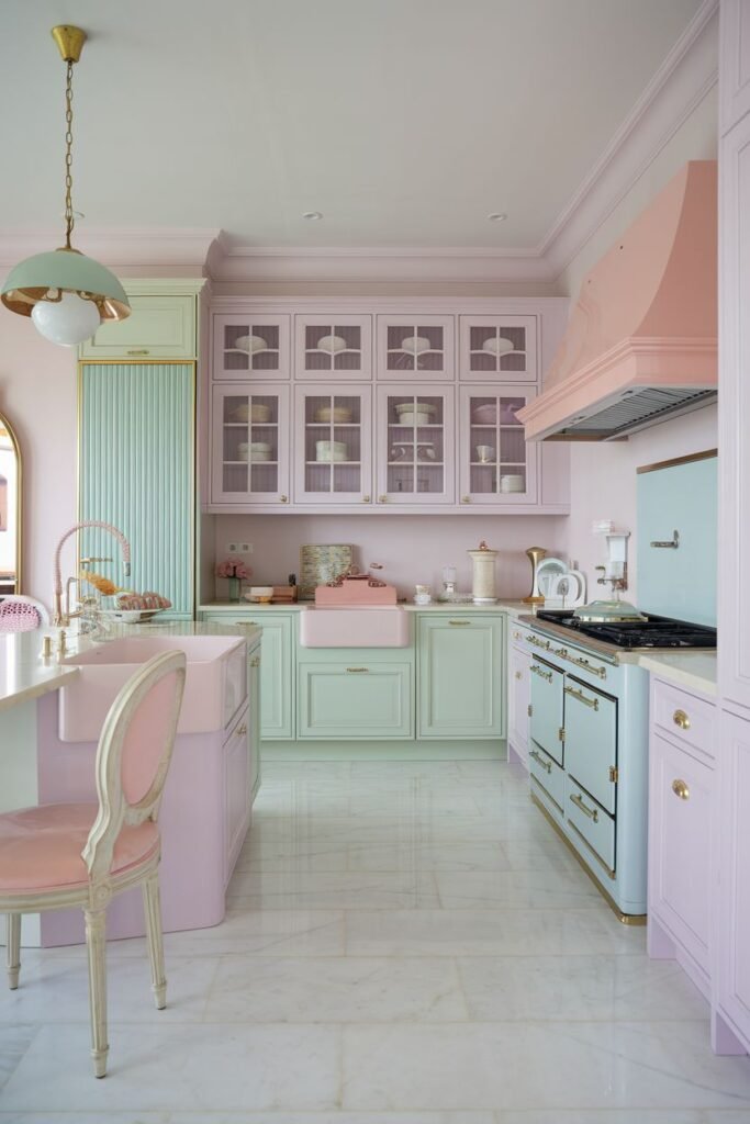 Pastel kitchen featuring light pink walls and cabinets paired with light green cabinets and a kitchen island. The space includes a pink range hood and a light blue stove.