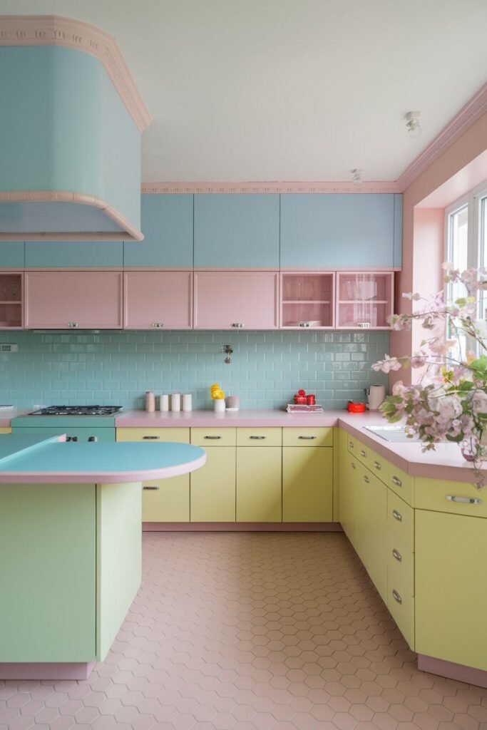 Colorful pastel kitchen with elements in light blue, pink, and yellow. It features a turquoise kitchen island, a light blue backsplash, and a hexagonal pink floor tile pattern.