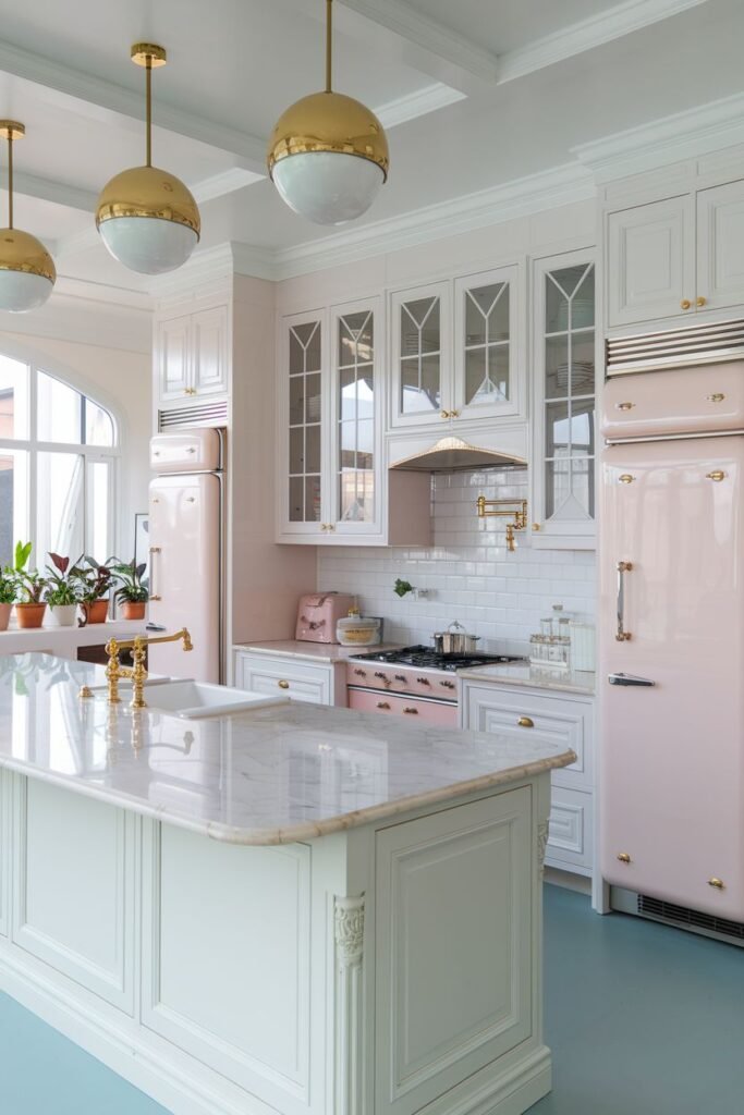Bright pastel kitchen with white base cabinets and upper glass-front cabinets, complemented by two pink retro-style refrigerators. A large white kitchen island with a marble top is centered in the room. The walls are a light pastel pink.
