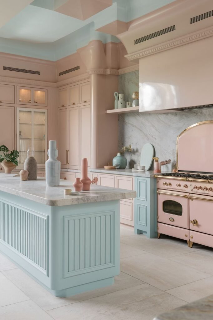 Grand pastel kitchen featuring light pink walls and cabinets, a light blue kitchen island with fluted details, and a pink range hood. The ceiling is decorated in pastel blue and pink tones.