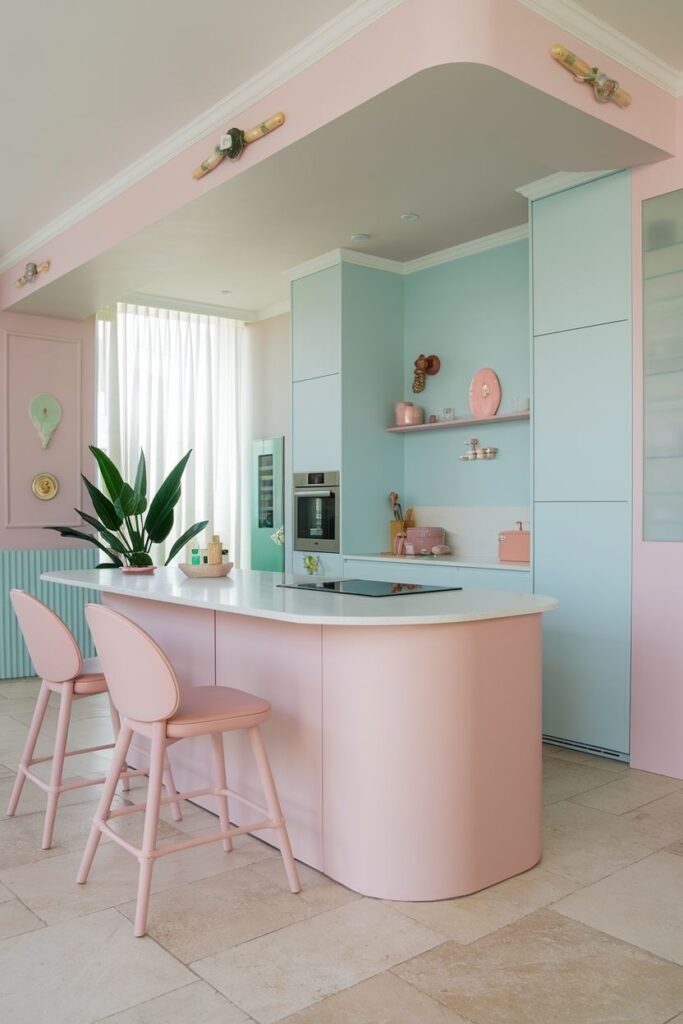 Stylish pastel kitchen with a pink kitchen island, light blue cabinets, and pink walls. Two pink bar stools sit at the island, and there is a curved pink architectural element above the counter.