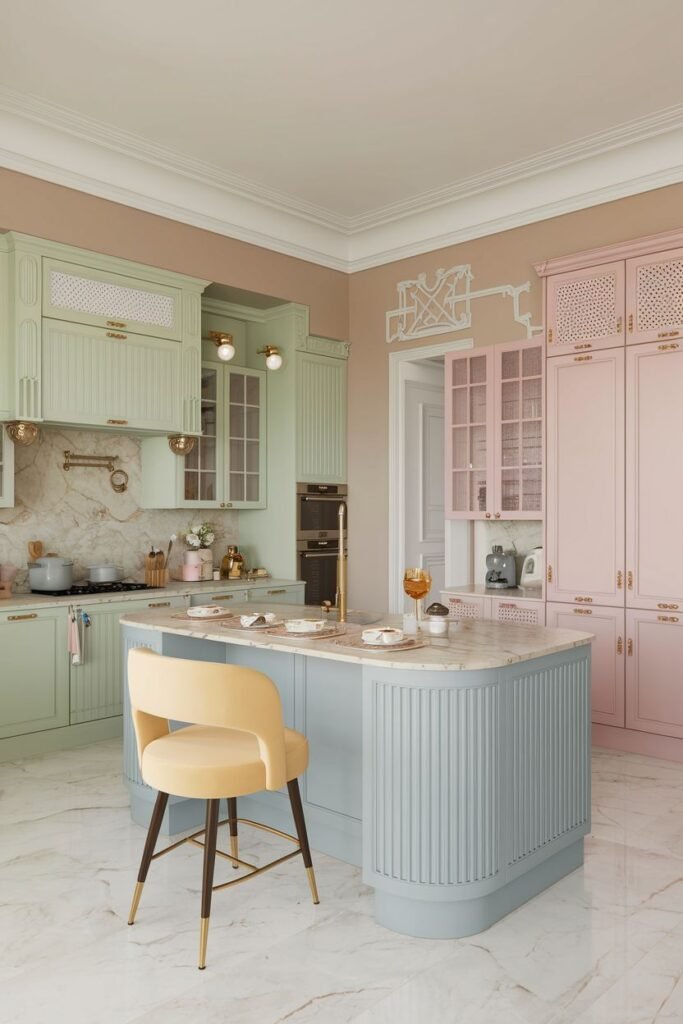 Charming pastel kitchen designed with light green and light pink cabinets, and a light blue kitchen island with a marble top. Decorative screens in a lattice pattern are featured above some cabinets.