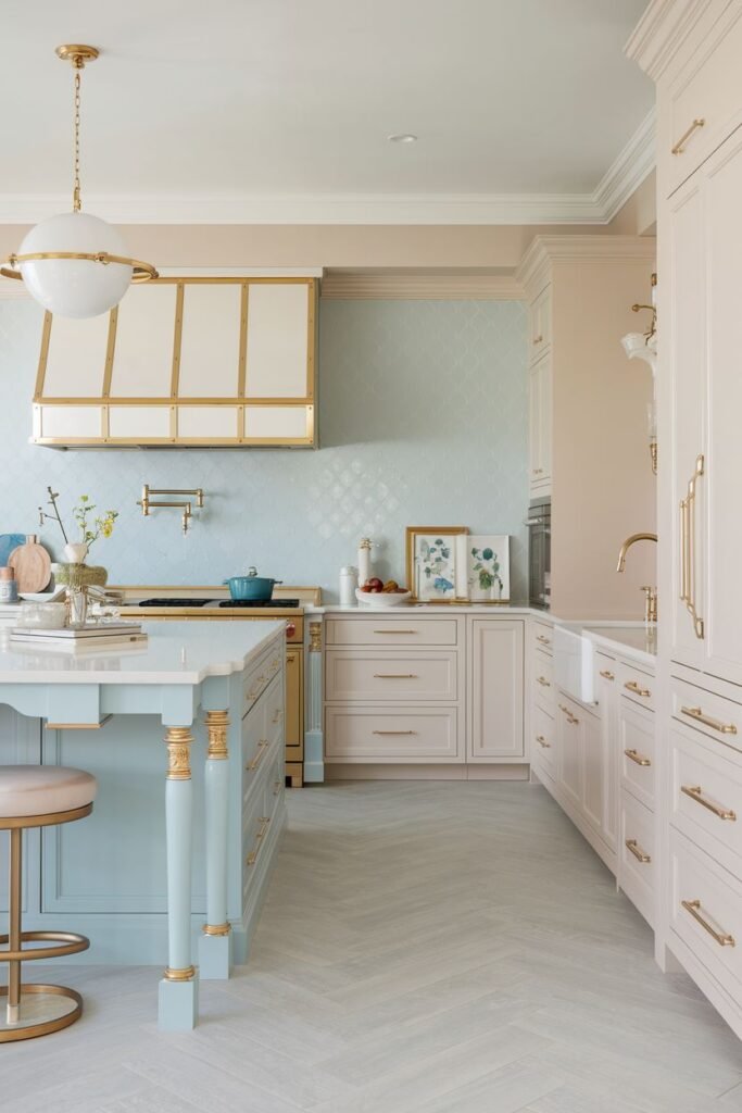 Sophisticated pastel kitchen with light pink cabinets and a light blue kitchen island, accented with gold hardware and trim. A white range hood with gold detailing is mounted above the stove, and the backsplash has a subtle pattern.